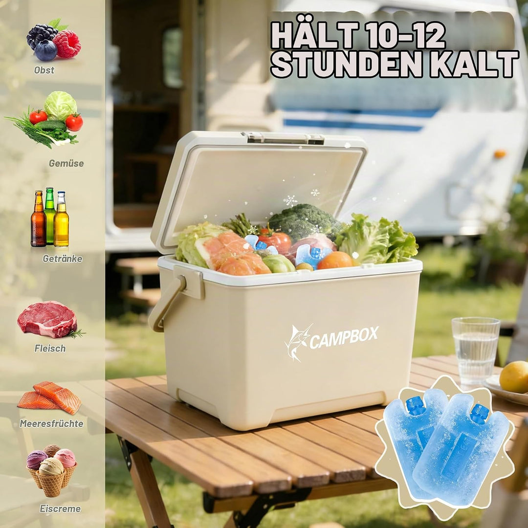 JONRRYIN Kühlbox, Passiv-Kühlbox 24 Liter Bis zu 12 Std. Kühlung, Mobile Cooler Box mit 2 Kühlakkus,