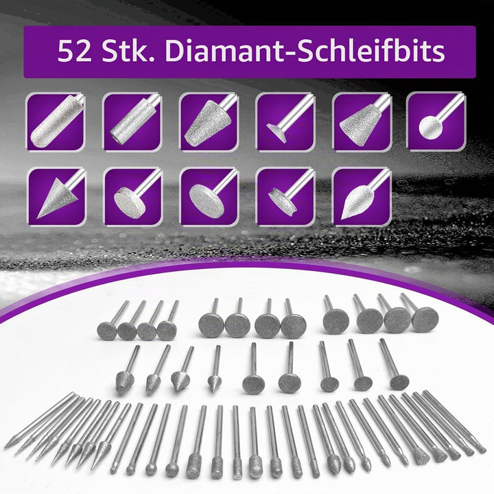 52 Stück Diamant Fräser Set mit Sortierbox, Kompatibel mit Dremel Schleifaufsätze Rotary Tool Zubehö