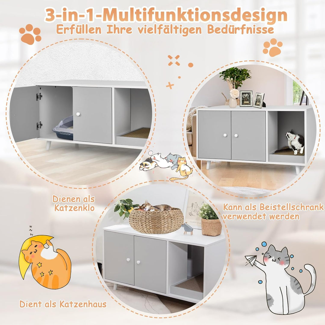 COSTWAY Katzenschrank für Katzentoilette, 2 in 1 Beistelltisch Katzenhaus, Katzenklo Schrank mit Kra