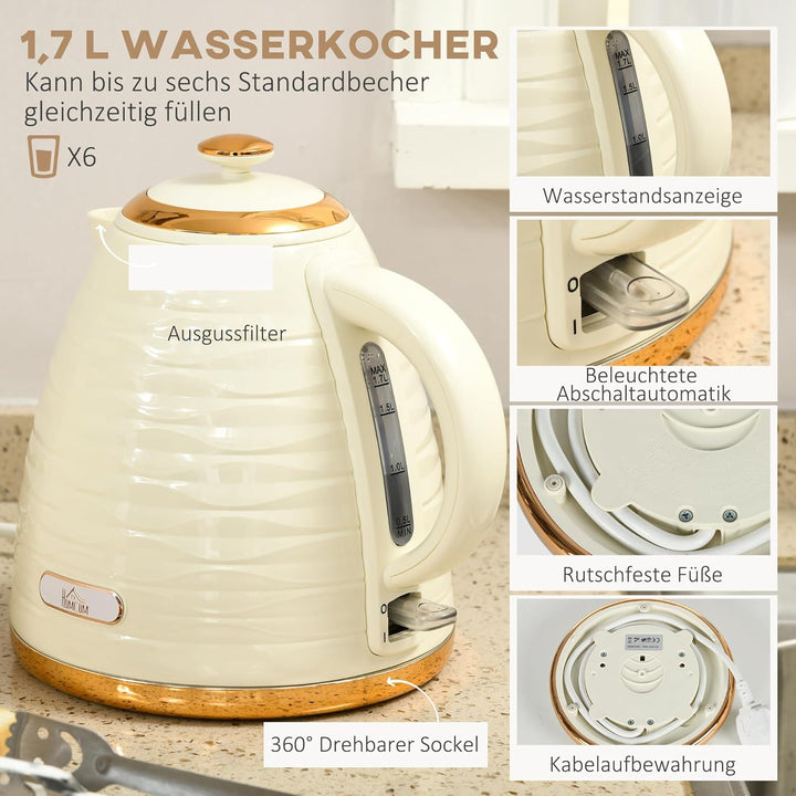 HOMCOM Wasserkocher Toaster Set Frühstück-Set mit 1,7L Wasserkocher, 4 Scheiben Toaster, 2200 W, 7 B