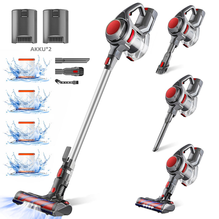 Akku Staubsauger 40000Pa/450W/100 Min mit 2 Austauschbaren Akku, 4 HEPA-Filter, 1,6 L Staubbehälter
