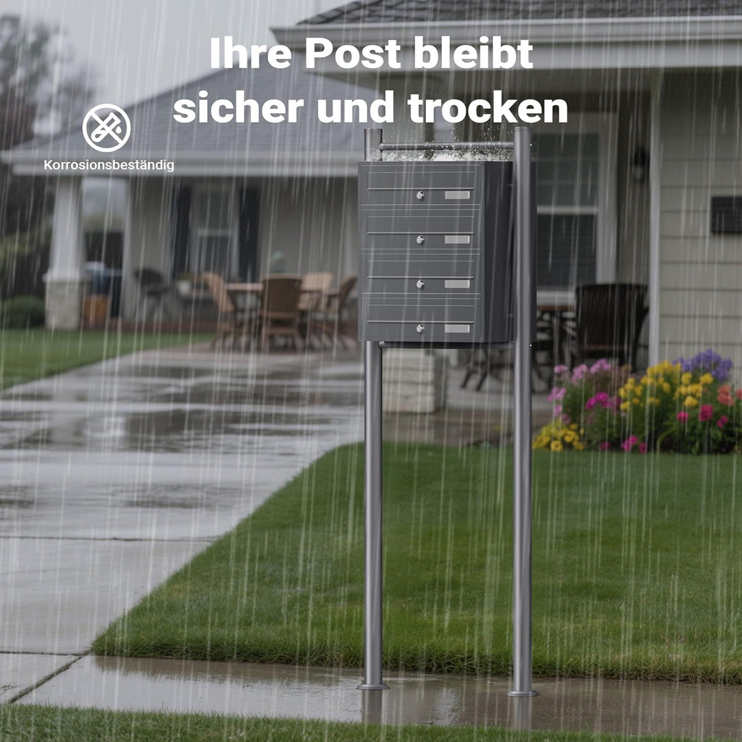 Wiltec 4er Briefkastenanlage Anthrazit 270 x 513 x 1500 mm, Standbriefkasten mit 4 Fächern, Schlüsse