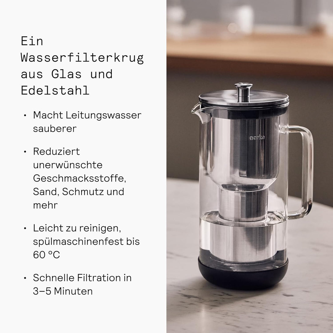 Aarke Purifier, Wasserfilterkaraffe aus Glas und Edelstahl, 2.4L, Aarke Pure Filter Nachfüllbeutel s