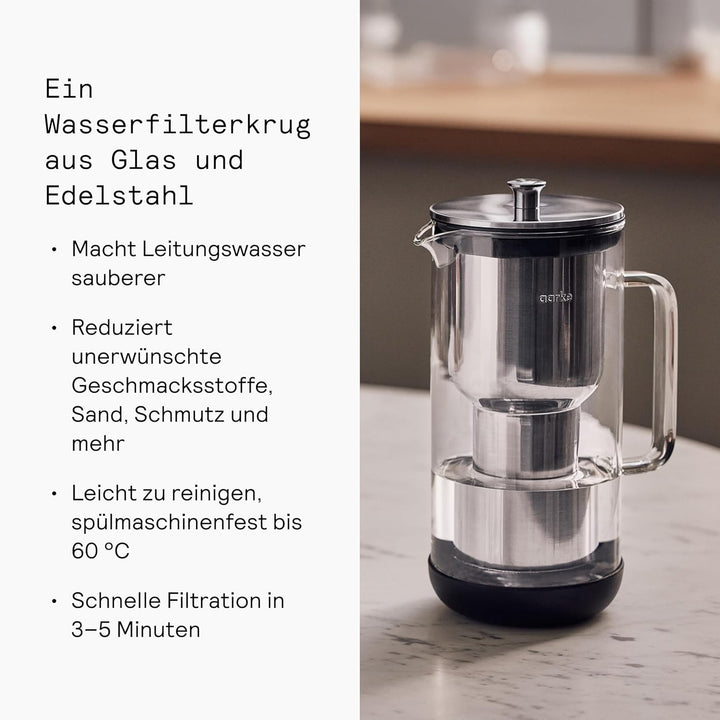 Aarke Purifier, Wasserfilterkaraffe aus Glas und Edelstahl, 2.4L, Aarke Pure Filter Nachfüllbeutel s
