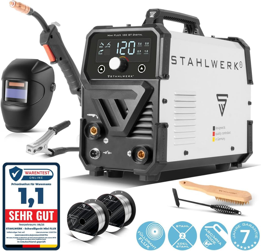 STAHLWERK Mini FLUX 120 ST Vollausstattung Fülldraht Schweissgerät mit synergischem Drahtvorschub fü