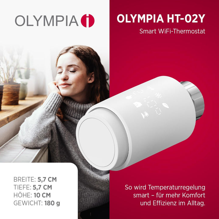Olympia HT-02Y Smart Thermostat WiFi | Heizkörperthermostat Smart mit Tuya-App, Alexa &amp; Google | Ein