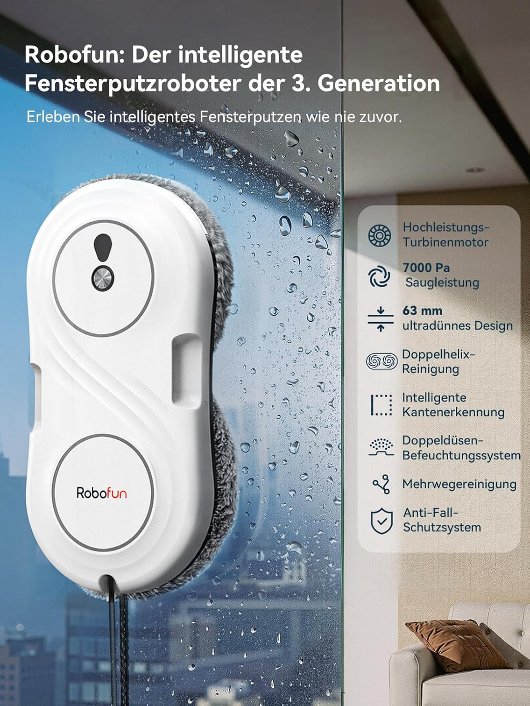 Mini Fensterputzroboter mit Turbinenmotor, 7000Pa Fensterroboter, 63 MM ultradünn, Doppelhelix-Reini