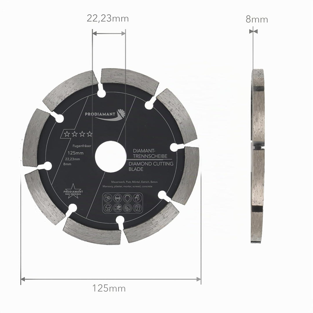 PRODIAMANT Fugenfräser ø 125mm Breite 8mm Frässcheibe für Mauerwerk Mörtel Fugen und Putz 10mm Segme