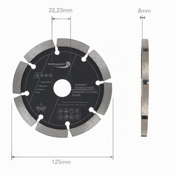 PRODIAMANT Fugenfräser ø 125mm Breite 8mm Frässcheibe für Mauerwerk Mörtel Fugen und Putz 10mm Segme