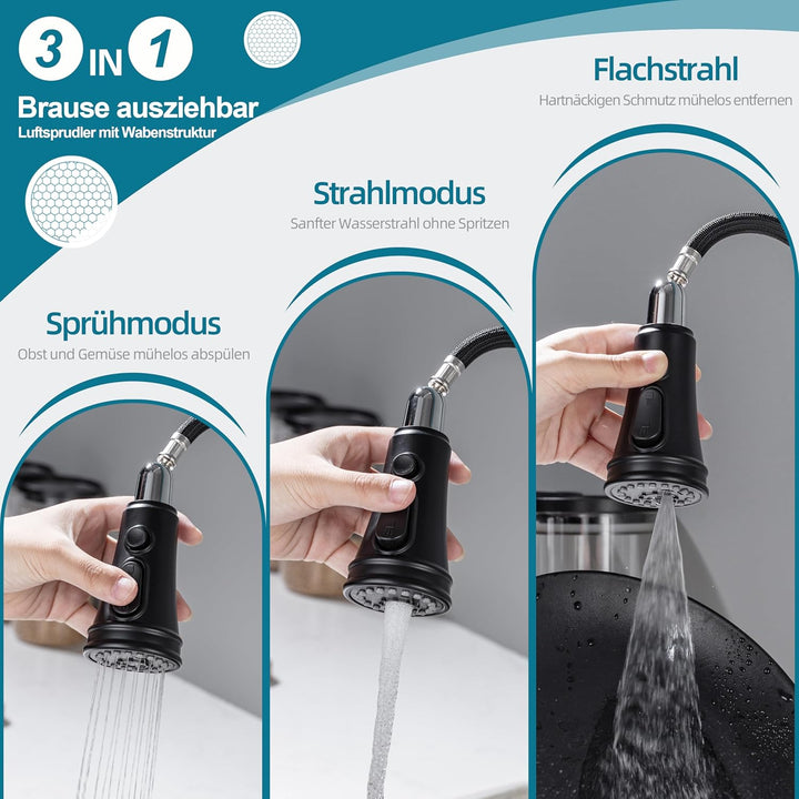 Wasserhahn Küche Schwarz, Küchenarmatur ausziehbar mit Brause, Hochdruck Armatur Küche, Mischbatteri