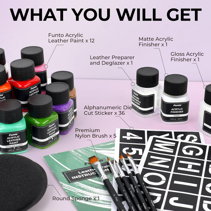 Funto Acryl Lederfarbe Set 12 Farben mit Lederreiniger, 2 Acryl-Glanzlacken, 5 Nylonbürsten, einem r