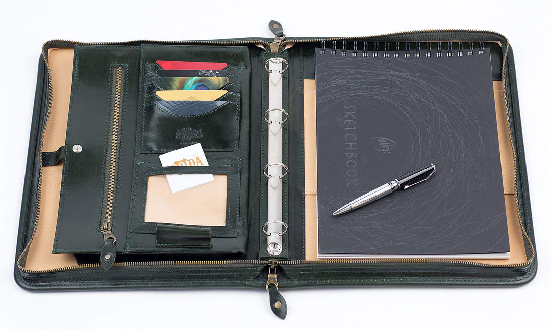 Dokumentenmappe aus italienischem Leder, mit Reissverschluss, A4, Padfolio mit 4 Ringen, Leder mit G