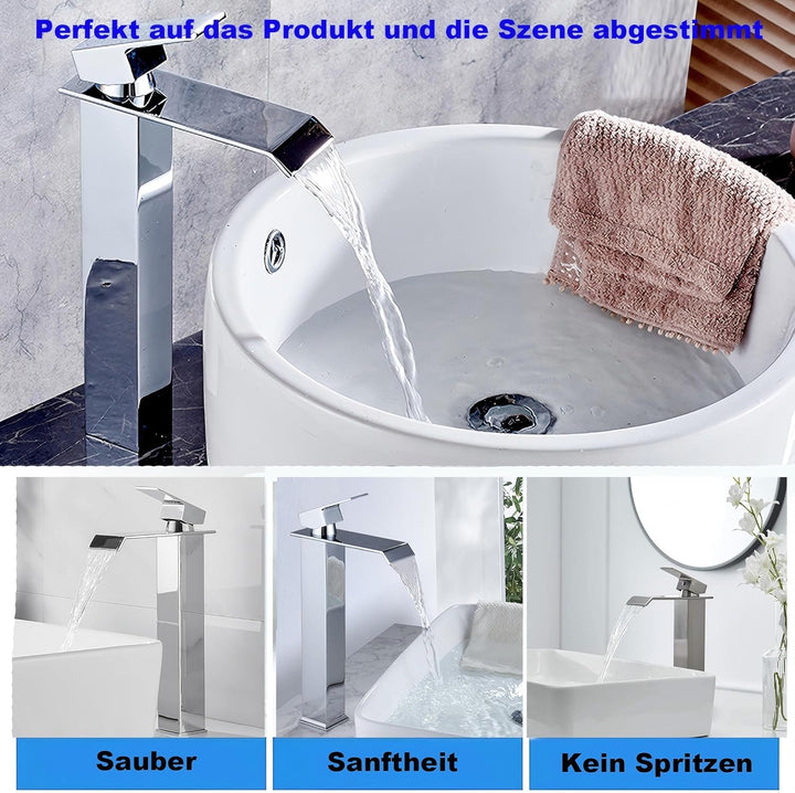 Wasserfall-Badezimmerarmatur, Einhebel-Waschtischarmatur, Wassersparend, Waschbeckenarmatur, Warm- u