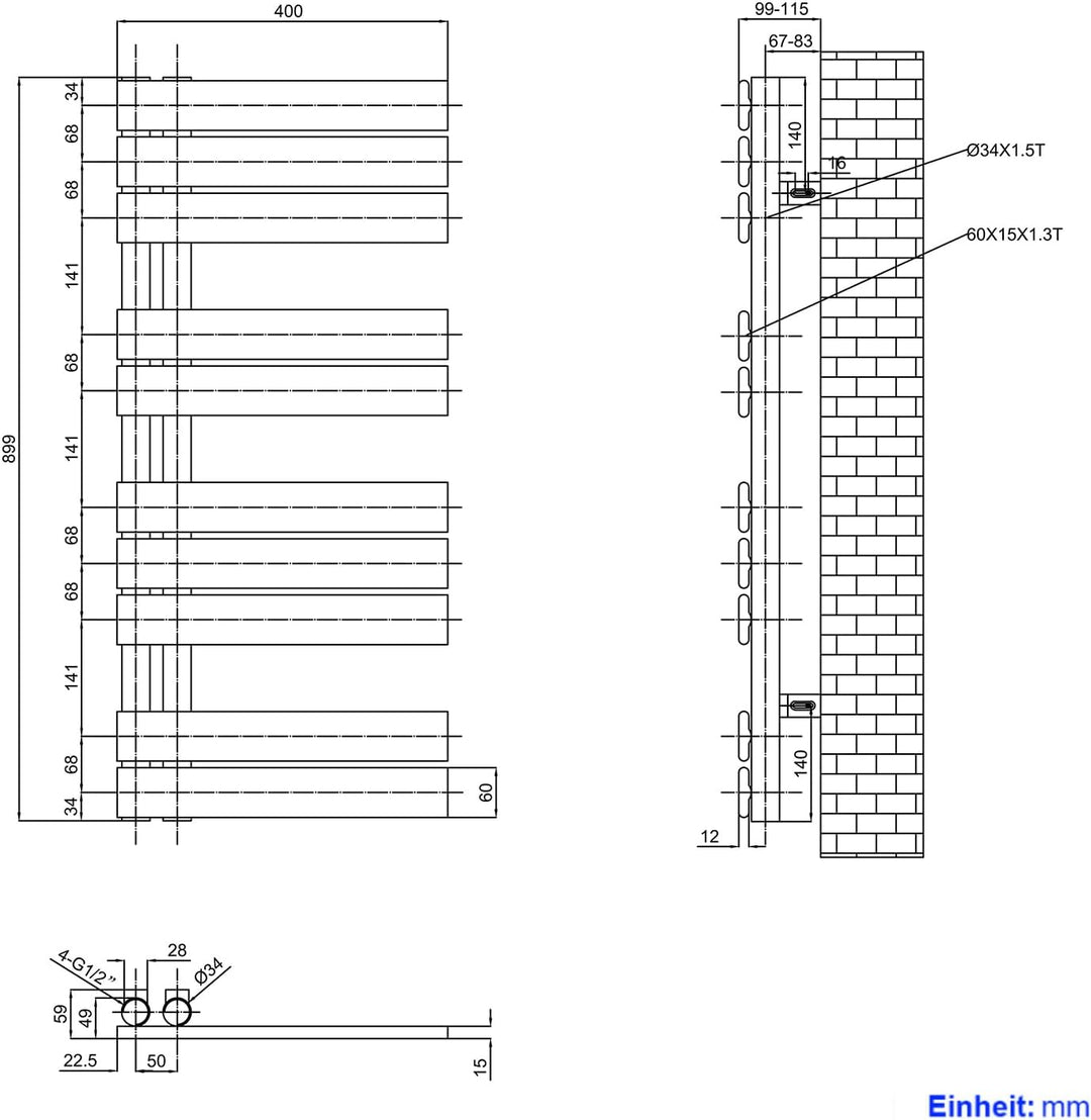 Heilmetz® Badheizkörper Flach Design Heizkörper Handtuchtrockner für Badezimmer Handtuchheizkörper m
