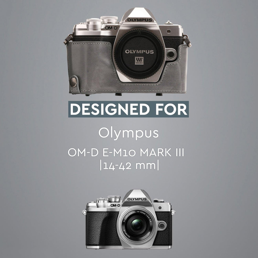 MegaGear Olympus OM-D E-M10 Mark III (14-42mm) Ever Ready Leder Kamera-Case mit Trageriemen und Batt