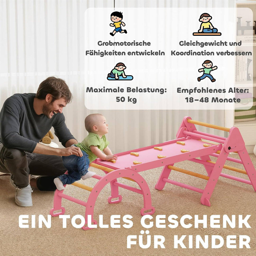 AIYAPLAY 7-in-1 Montessori Klettergerüst Indoor, faltbar Holz Kletterdreieck mit Rutsche, Bogen, Ind