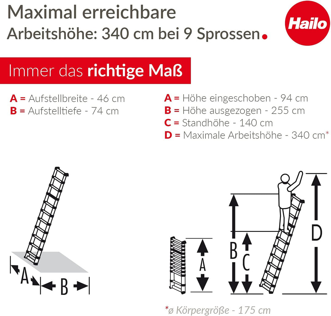 Hailo T80 FlexLine Alu-Sicherheits-Teleskopleiter - ausziehbare Anlegeleiter mit 9 Sprossen - Arbeit