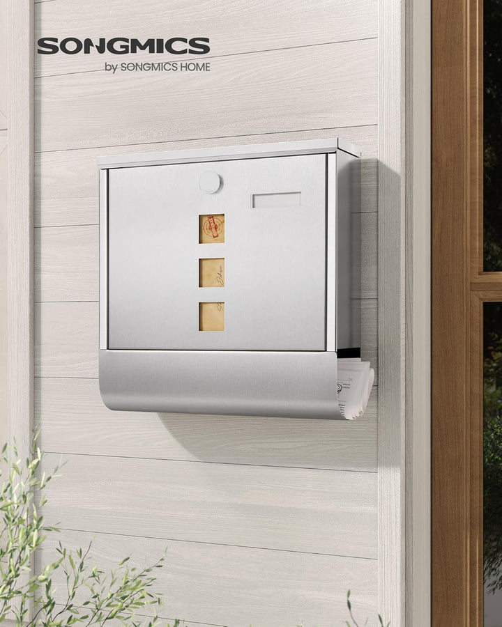 SONGMICS XXL Briefkasten, Edelstahl mit Zeitungsfach, Schloss mit Kupfer-Schliesszylinder und drehba