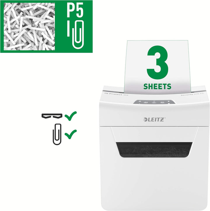 Leitz IQ 3M Premium Aktenvernichter P5, Mikroschnitt, 4-3 Blatt (70-80g/m²), Super leise, kompakt &