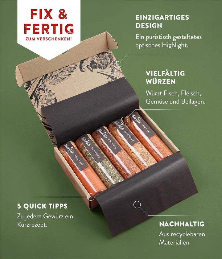 TIMBER TASTE® Grill Gewürze Geschenkset Männer | 5 erlesene BBQ Grillgewürze inkl. Rezepte | Grill Z