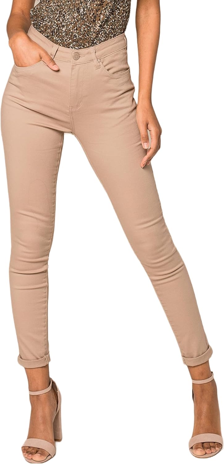 Nina Carter P109 Damen Skinny Fit Jeans High Waist Slim Hose Figurbetonte Stretch Jeanshose M Taupe