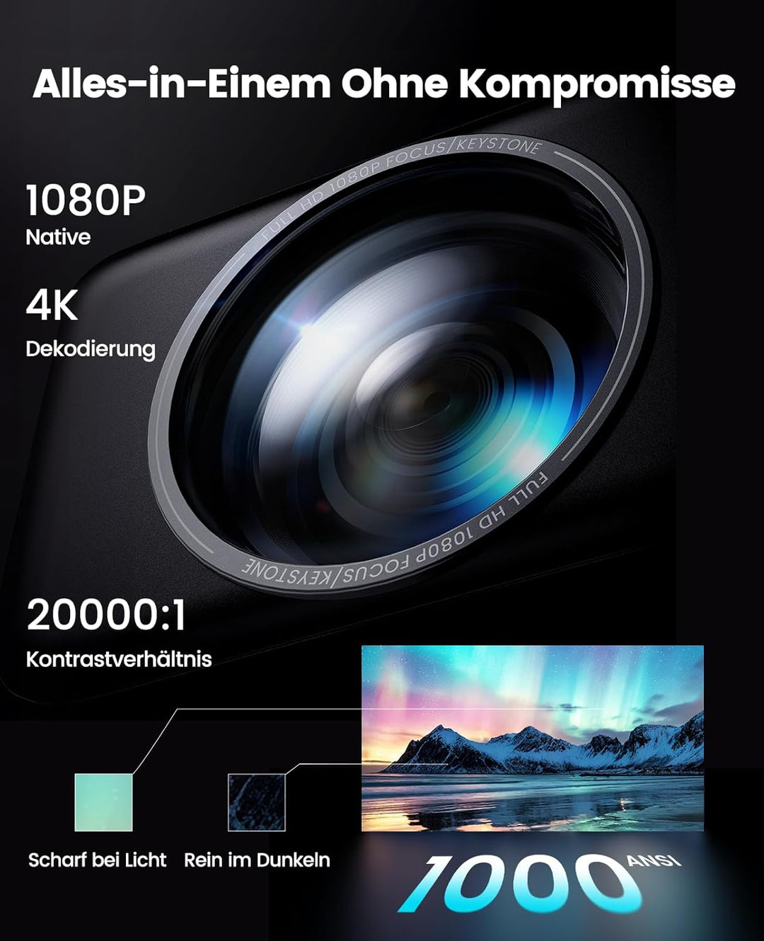 Smart Beamer 4K mit Official Netflix, Dolby Audio, 1000 ANSI Beamer 4K Heimkino Unterstützt Auto Foc