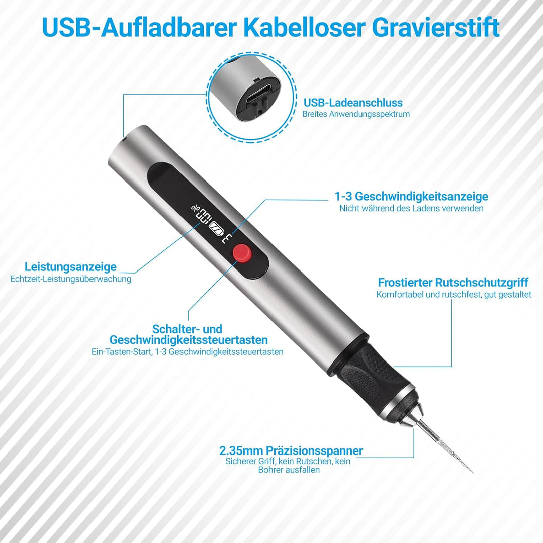 Gravierstift – Kabelloser elektrischer Gravur Stift mit 30 Bits, tragbarer Gravierstift für über 50