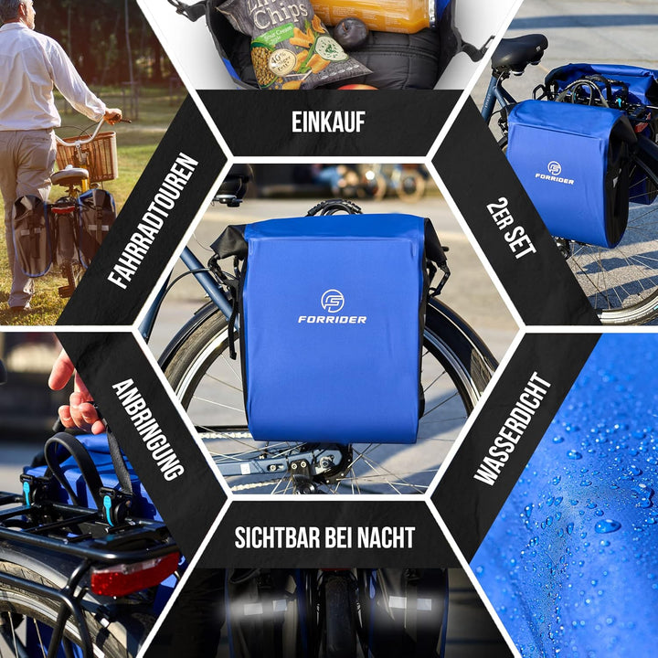 Forrider Fahrradtaschen für Gepäckträger 2er Set Wasserdicht Reflektierend | Gepäckträgertaschen 50L