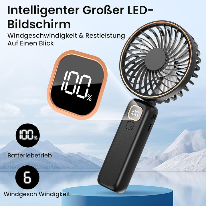 Handventilator, Mini Tragbarer Ventilator mit LCD Display &amp; 6 Stufen, Leiser USB Ventilator mit 4000