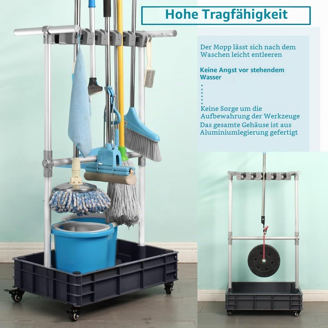 Mopphalter, besenhalter Aufbewahrung für Reinigungsgeräte, mobiler Reinigungswagen, löst das Problem