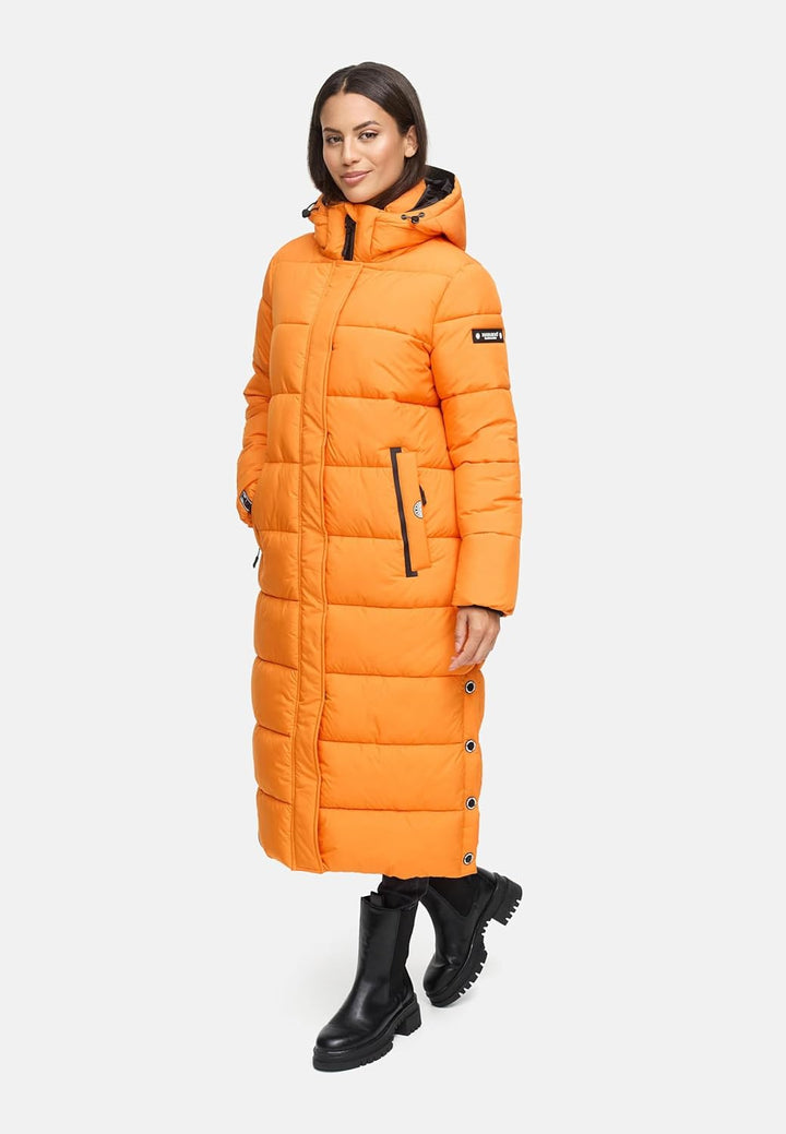 Navahoo Damen Wintermantel Warmer Steppmantel lang mit Abnehmbarer Kapuze Isalie XS-3XL XS Orange, X