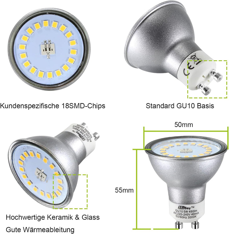 HiBay® 6er LED Einbaustrahler GU10 230V Set Schwenkbar Einbauleuchten Rund Weiss Einbauspots 5W Warm