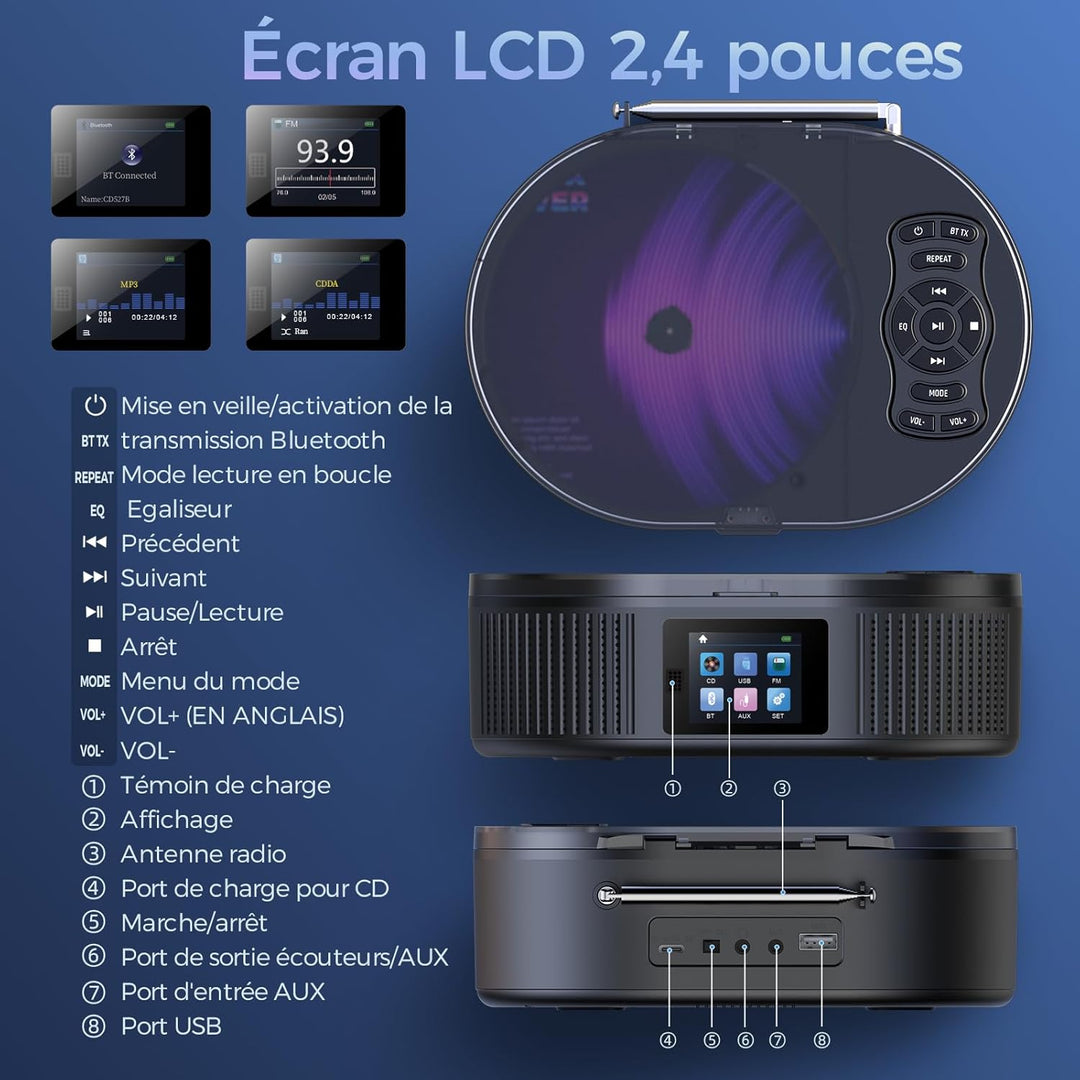 Desobry Tragbarer CD-Player mit Bluetooth, Grossem LCD-Display, Akku, Lautsprecher, AUX, USB, UKW-Ra