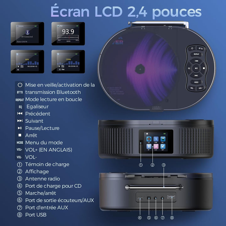 Desobry Tragbarer CD-Player mit Bluetooth, Grossem LCD-Display, Akku, Lautsprecher, AUX, USB, UKW-Ra