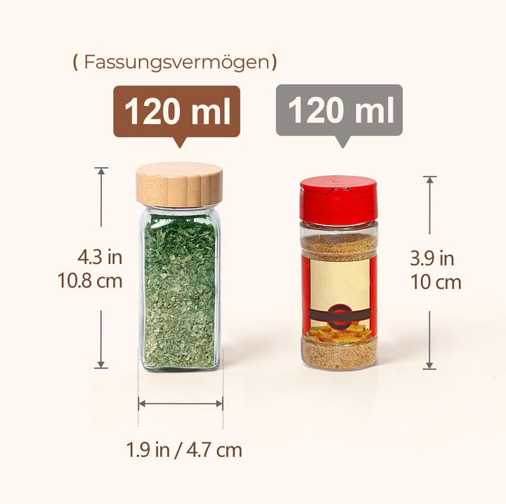 ComSaf Gewürzgläser Eckig mit Etiketten (24×120ml), Gewürzstreuer Glas mit Bambusdeckel, Gewürzdosen