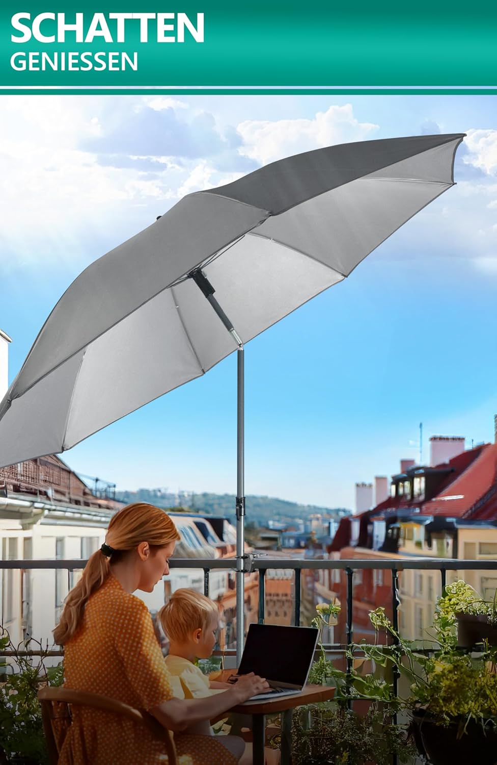 4smile Sonnenschirm Balkon SunnyJoy Ø 180 cm, 3-IN-1 Set - UPF 50+ Balkon Schirm + Sonnenschirmhalte