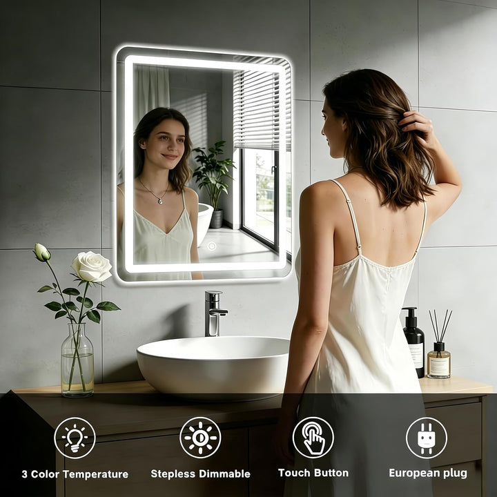 Badezimmer Wandspiegel, Badspiegel Mit Beleuchtung, Spiegel mit LED Licht, Touch Schalter und 3 Farb