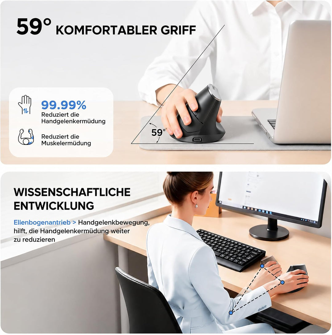 Ergonomische Maus Kabellos, 2,4GHz Vertikale Maus mit USB-Empfänger, Wiederaufladbar per USB-C, 4 DP