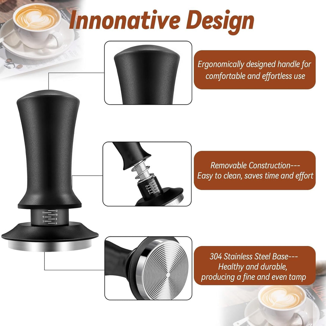 Kaffee Tamper 58mm mit Silikonpad - Espresso Stampfer Edelstahl Kalibriert mit Feder für 58mm Siebtr