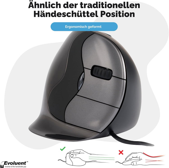 Evoluent VerticalMouse D – für Rechtshänder mit USB verkabelt, Grösse M, Medium, VMDM, Schwarz, Silb