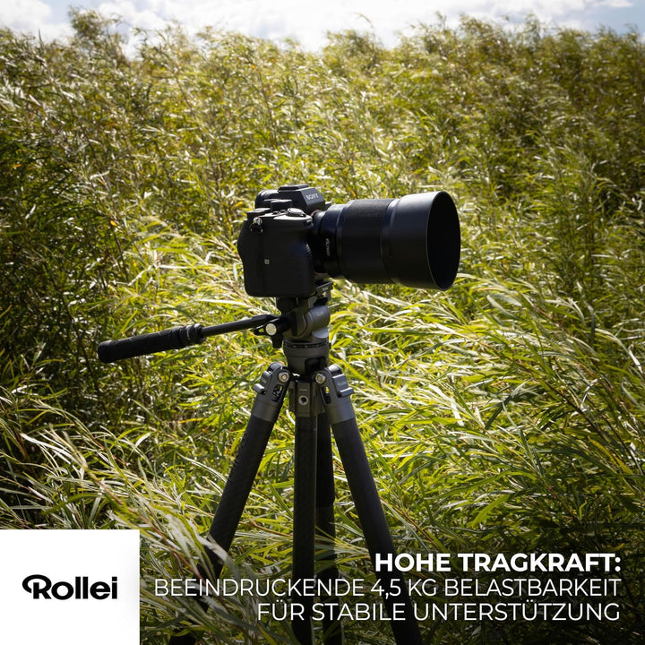 Rollei Easy Traveler Video Carbonstativ - 4,5 kg Tragkraft, 164 cm Höhe, Ultraleicht, Kompakt, Mühel
