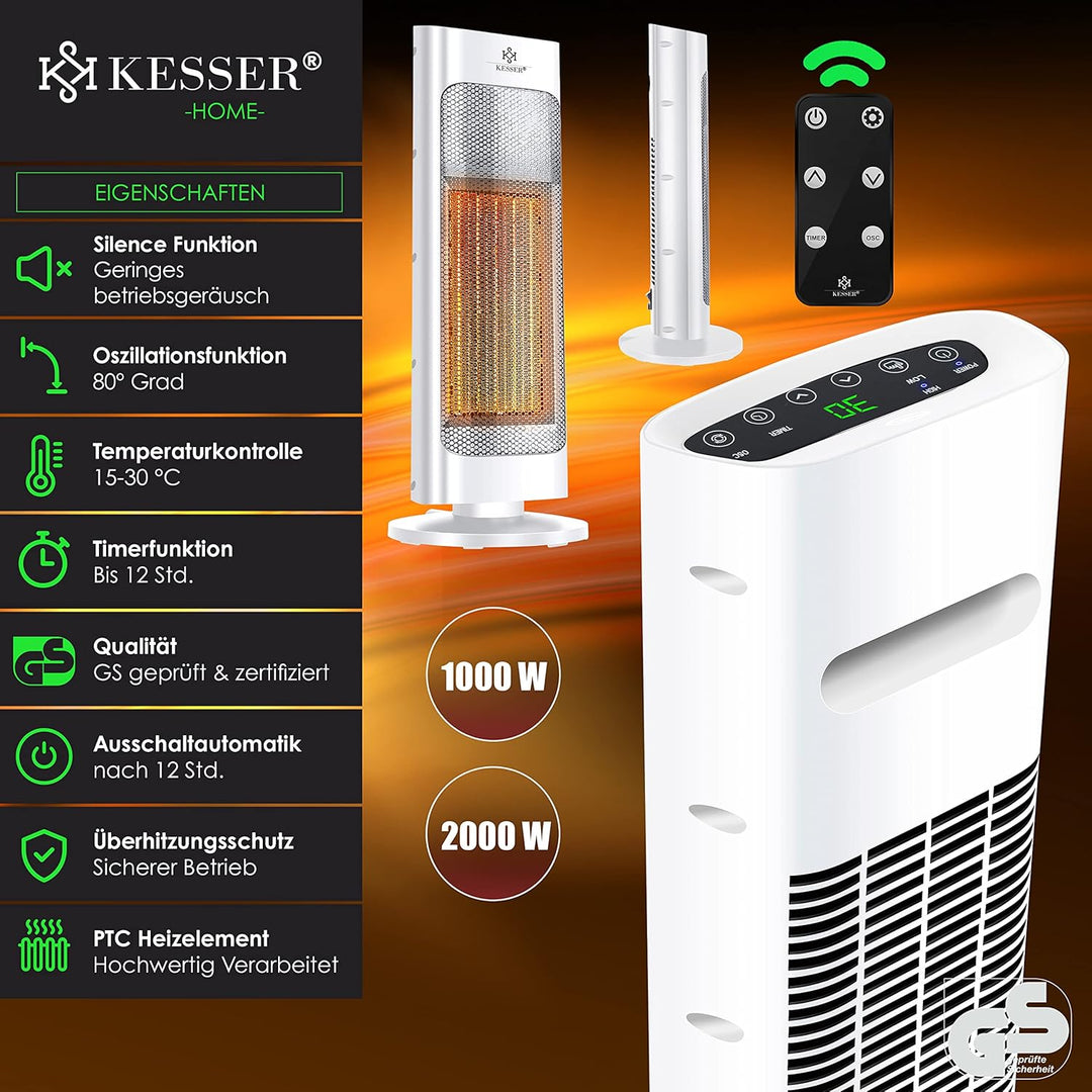 KESSER® Heizlüfter mit Fernbedienung energiesparend leise 2000W Keramik Heizstrahler Standheizstrahl