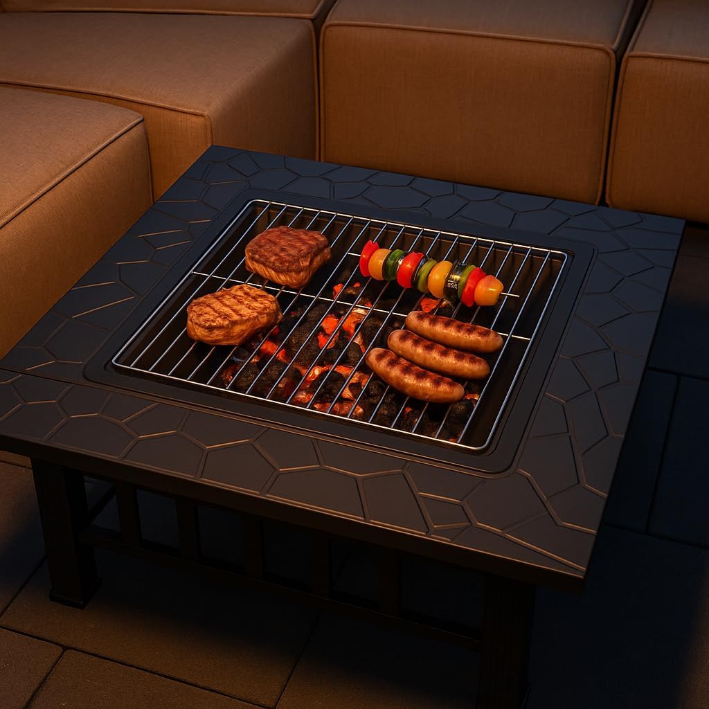 Preiswert&Gut Feuerschale mit Funkenschutz 3in1 in edler Steinoptik – Feuerstelle Terrasse als Grill