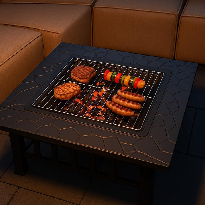 Preiswert&Gut Feuerschale mit Funkenschutz 3in1 in edler Steinoptik – Feuerstelle Terrasse als Grill