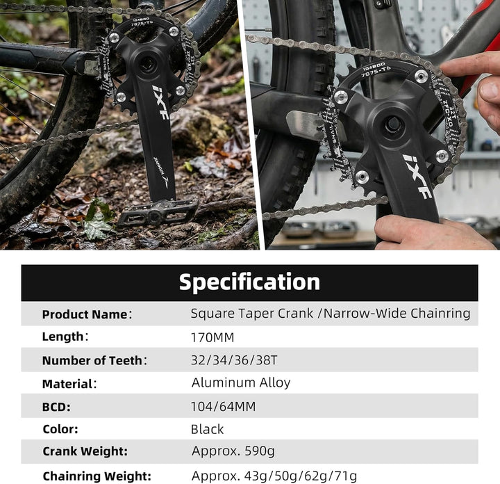 Mountainbike 170 mm Vierkant-Kurbelgarnitur mit 104 BCD 32/34/36/38T Kettenblatt, MTB-Kurbel aus Alu