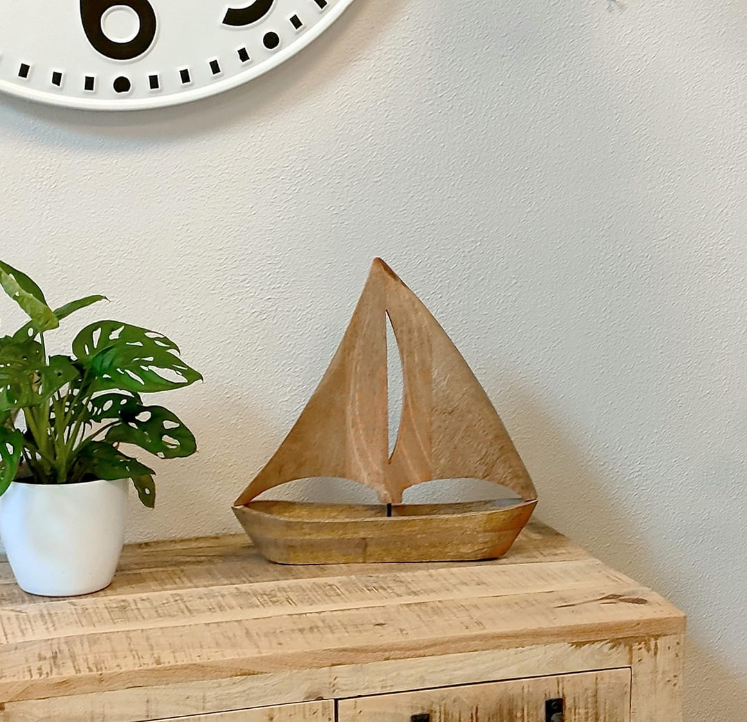 Holz Skulptur Segel-Boot 34 x 35cm braun Dekofigur Tisch-Deko Holzboot Schiff Figur