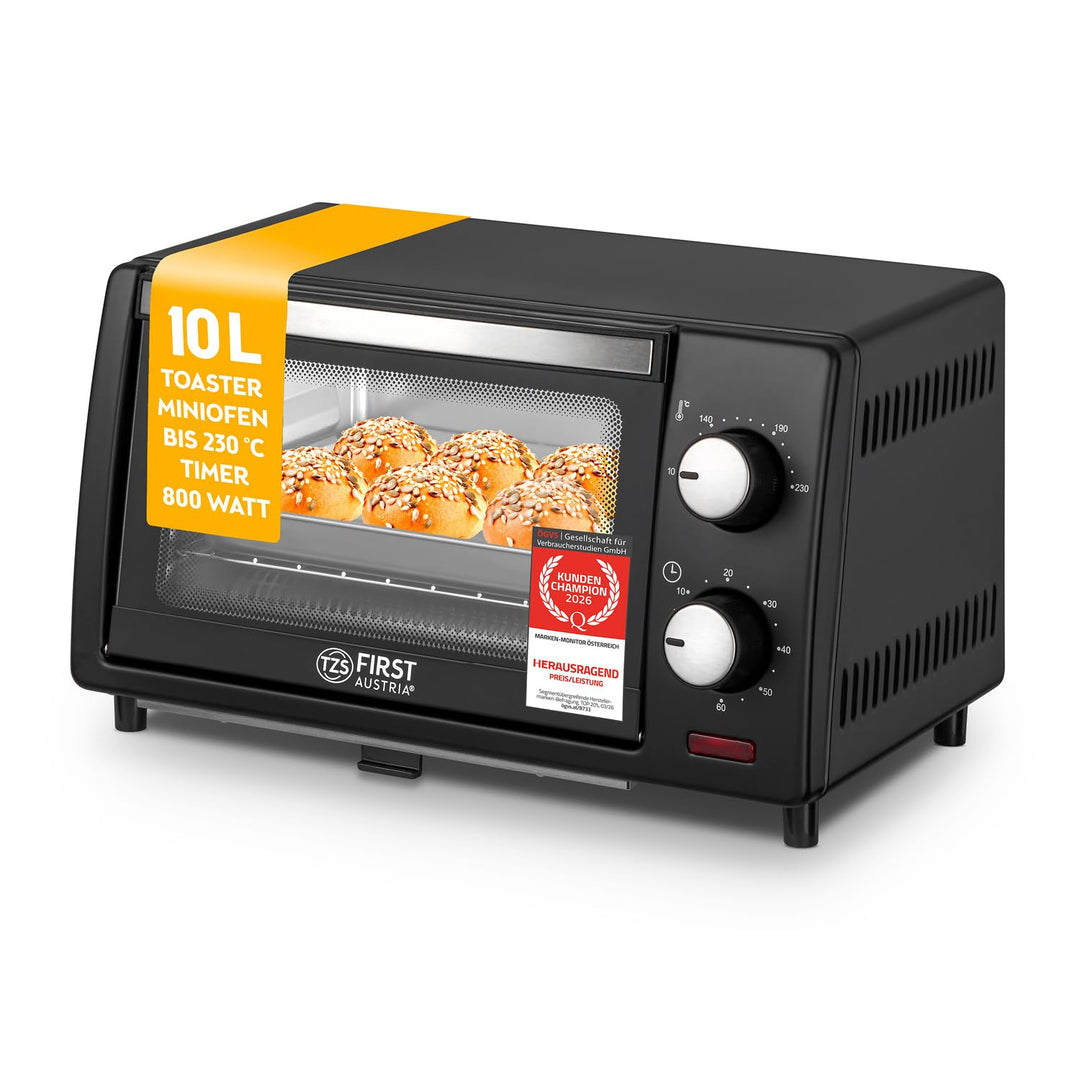 TZS First Austria 10 Liter Minibackofen, 800 Watt, bis 230 Grad, stufenlose Temperaturregelung, 60 M