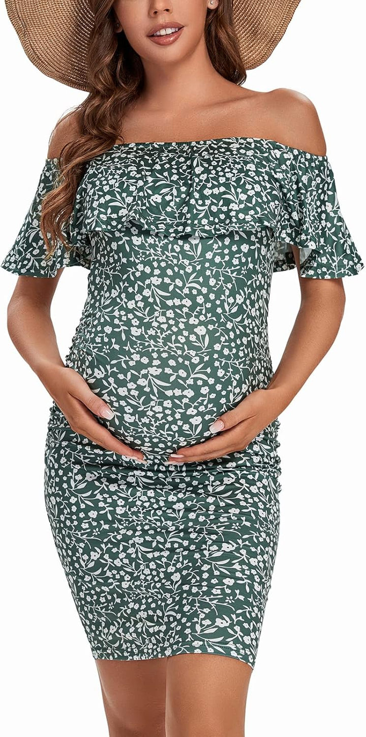 Shen&amp;Qege Umstandskleid Lässig mit Schulterfreiheit, Rüschen, ärmellos, Bodycon, Umstandsmode Sommer