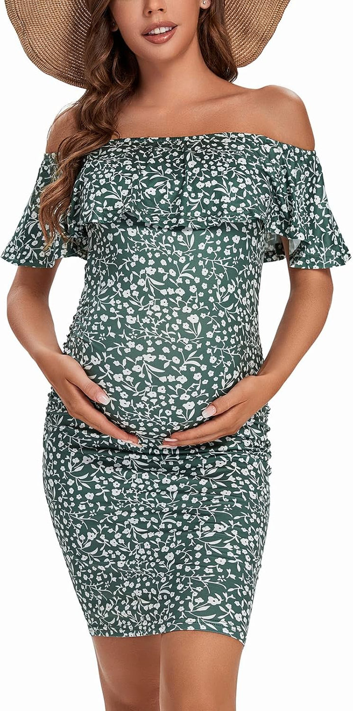 Shen&amp;Qege Umstandskleid Lässig mit Schulterfreiheit, Rüschen, ärmellos, Bodycon, Umstandsmode Sommer