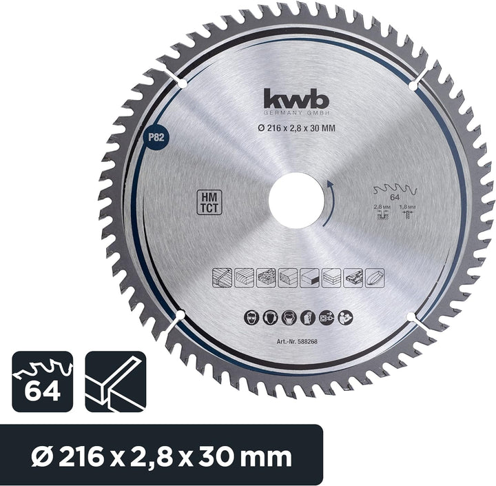 kwb Kreissägeblatt 216 x 30 mm, sehr feiner Schnitt, Sägeblatt geeignet für Arbeitsplatten, Holz und
